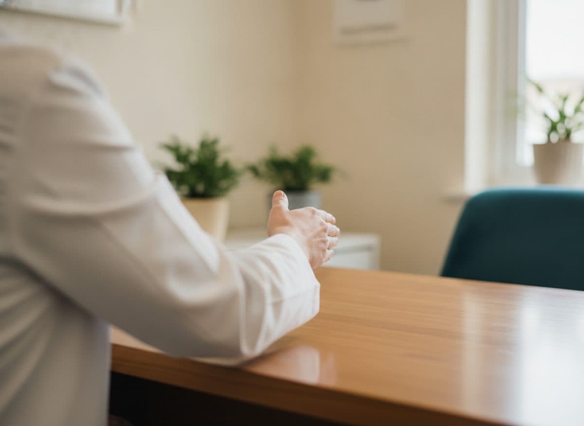 A physician in a white coat seated across a desk in a warm, plant-filled office, mid-conversation with a patient