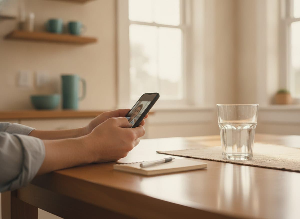 A person at a sunlit kitchen table taking a telehealth video call on their phone, a glass of water and notepad nearby